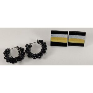 Black Beaded Hoops and Black Yellow White Square Pierced Earrings